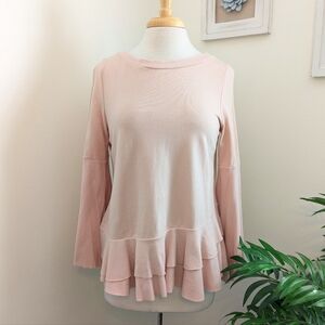 Altar'd State Bell Sleeve Ruffle Ribbed Sweater Light Pink Medium